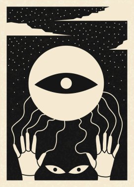 Siyah-beyaz mistik gözler posteri. Okült sembolleri gönderimi