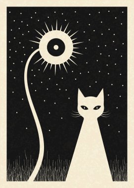 Gizemli kedi posteri. Güneş Gözlü Minimalist Kara Kedi ve Yıldızlı Gece Gökyüzü İllüstrasyonu