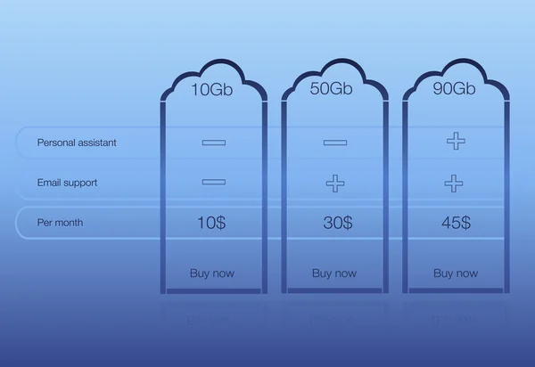 3 個のクラウド ストレージ、青の背景に価格表の価格をベクトルします。. — ストックベクタ