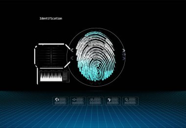 Parmak izi taraması biyometrik tanımlama ile güvenlik erişimi sağlar. Soyut teknoloji geçmişi. Siber güvenlik kavramı. 