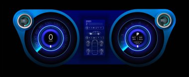 Özerk Smart araba iç mekanı. Futuristik kullanıcı arayüzü. Yüksek çözünürlük. Soyut sanal dokunmatik kullanıcı arayüzü. HUD tarzında araba servisi. Sanal grafik arayüzü Ui