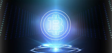 Eski, borsa ticaret şeması vektör pankartı; iş finansmanı soyut arka plan. Mavi Arkaplanda Kripto Para Birimi Bitcoin Dijital Ağ Para Modern Teknoloji Sancağı