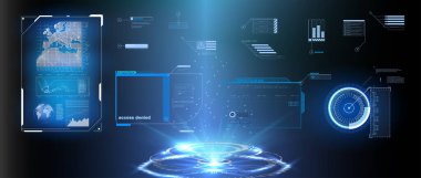 Video oyunları, uygulamalar, filmler için ekranları çalıştırın. Gök-fi hologramları, hologramlar şeklinde uyarı - dikkat, tehlike, geri sayım. Sci Fi HUD modern fütürist kullanıcı arayüzü kare çerçeveleri