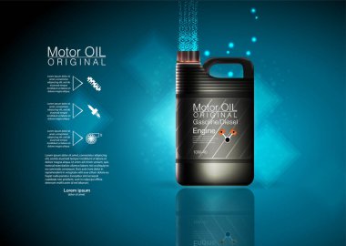Yağ arka planı, vektör illüstrasyon motor yağı kutusu motor yağı kutusu, tam sentetik yapışma molekülleri koruması. Gerçekçi teneke kutu ve motor yağı ile vektör illüstrasyonuName