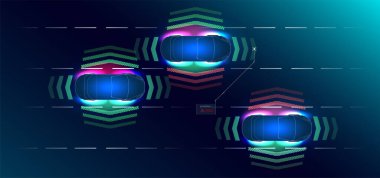 Araç arayüzü HUD, GUI, UI tarzı. Otomotiv algılama sistemi kavramı. Özerk araba. Sürücü asistanı sistemi. Elektronik dijital arayüzü, parametreleri ve seçenekleri olan araba üstü görünümü yolu tarar