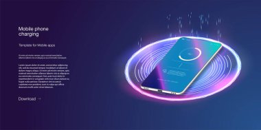 Fütürist telefon, mavi arka planda kablosuz olarak şarj edilir. Kablosuz şarj. Akıllı telefon pilinin kablosuz şarjı. Gelecek konsepti. Telefonun bataryasını şarj etme işlemi.
