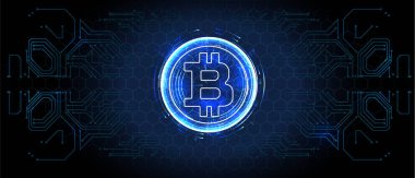 Eski, borsa ticaret şeması vektör pankartı; iş finansmanı soyut arka plan. Mavi Arkaplanda Kripto Para Birimi Bitcoin Dijital Ağ Para Modern Teknoloji Sancağı