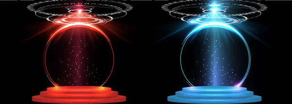 幻想的な現代の未来的なネオンブルーサークル 煙のポータル 製品ライトプラットフォームのステージ サークルベクトルHud Gui Uiインターフェイス画面デザイン マジックサークルテレポート表彰台 Sci Fiデジタル Tec — ストックベクタ