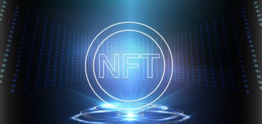 İşlevsiz NFT jetonları kavramı koyu mavi bir zemin üzerinde bloklar ve bir dizi sayı ile. Eşsiz koleksiyonlar için oyunlar ya da sanatla ödeme yapın. Pankart ya da haber için. Vektör illüstrasyonu