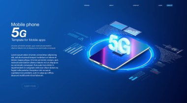 5G yeni kablosuz internet kablosuz bağlantısı. Akıllı şehir ya da akıllı bina izometrik vektör konsepti. Bilgisayar ağı illüstrasyonuyla otomasyon oluşturuluyor