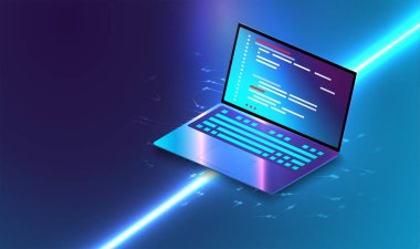 İş grafiği ve izometrik analitik veri uygulaması. Analiz eğilimleri ve yazılım geliştirme kodlama süreci kavramı. Çapraz platform kodu programlanıyor, test ediliyor