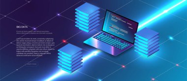 Bulut servisi izometrik bileşimi. Büyük veri analizi iş istihbarat sistemleri modern yüksek teknoloji izometrik arka plan kesik çizgilerle bağlantılı. Geleceğin istasyonu, sunucu odası rafı.