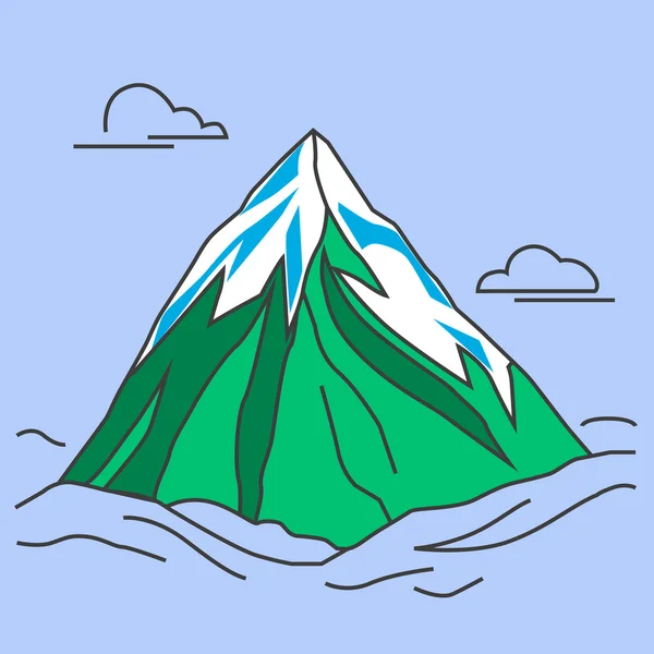 Montanha verde com pico nevado e nuvens . — Vetor de Stock