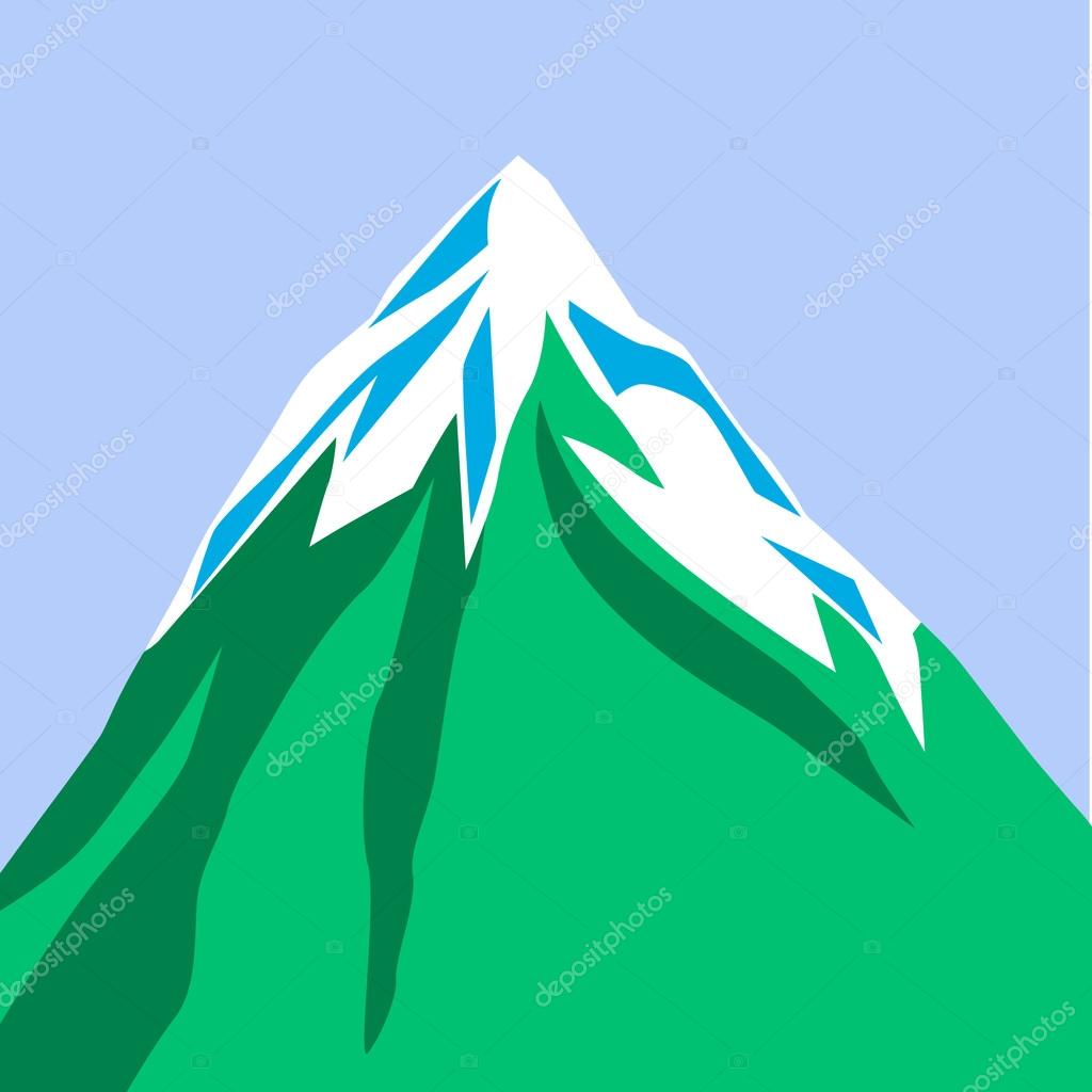 Mountain isolated on blue background. Green mountain with snowy peak. Color cartoon illustration. Vector.
