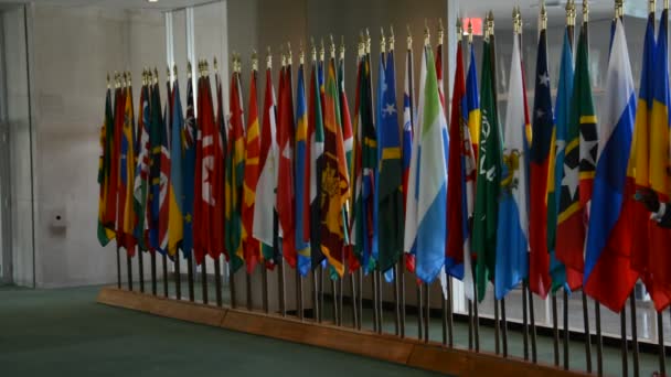 Cámara del Consejo de Seguridad Sede de Naciones Unidas, Banderas de las Naciones Unidas — Vídeo de stock