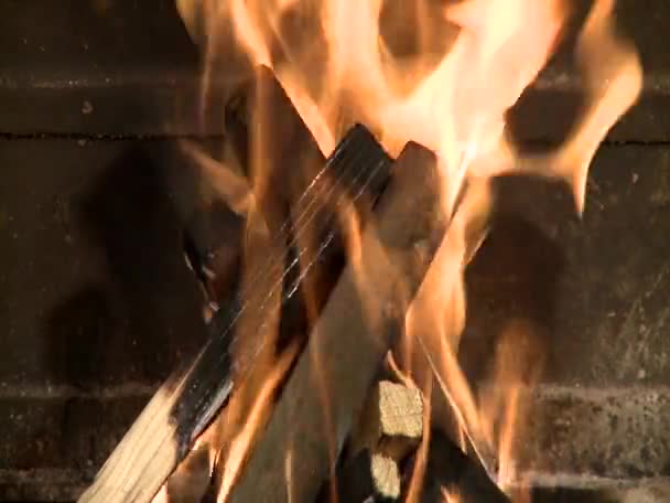 Wood burning in a fireplace — Stock Video