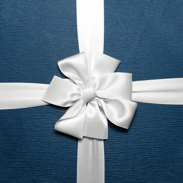 Close White Wrapping Ribbon Shape Bow Blue Gift Box — Stock Photo, Image