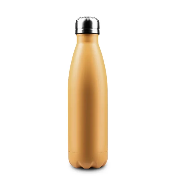 在白色背景下隔离的可重复使用钢制热水瓶的特写 Fortuna Gold Color 2021 Trend — 图库照片