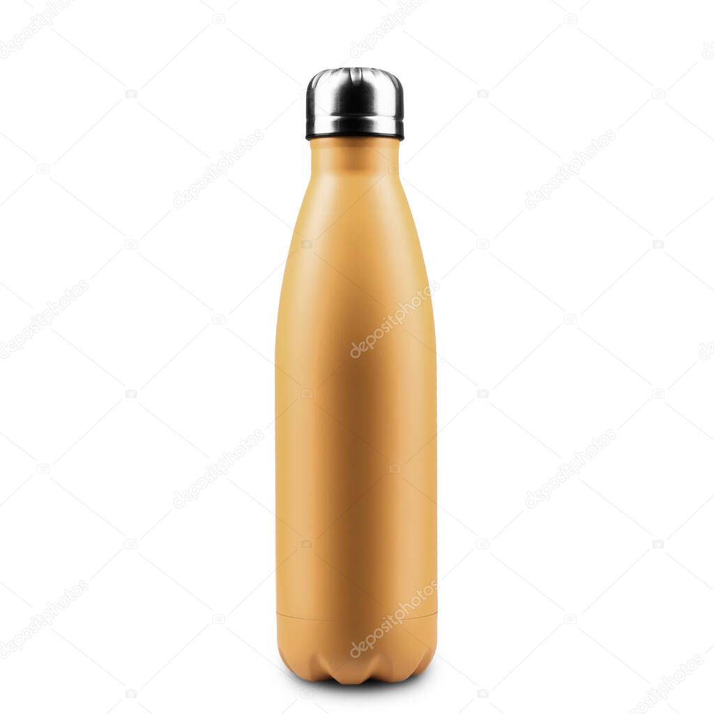 Close-up of reusable steel thermo water bottle isolated on white background. Fortuna Gold of color, 2021 trend.