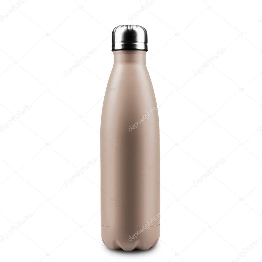 Close-up of reusable steel thermo water bottle isolated on white background. Set Sail Champagne of color, 2021 trend. 3D rendering.