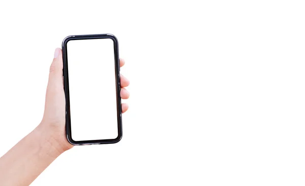 Närbild Manlig Hand Håller Smartphone Med Mockup Isolerad Vit Bakgrund — Stockfoto