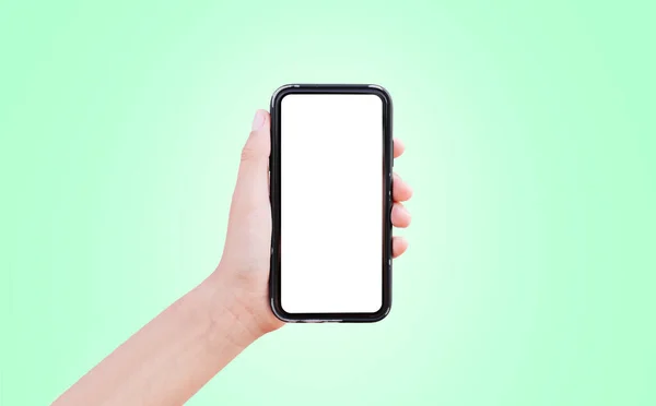 Närbild Hand Håller Smartphone Med Vit Mockup Isolerad Pastell Grön — Stockfoto