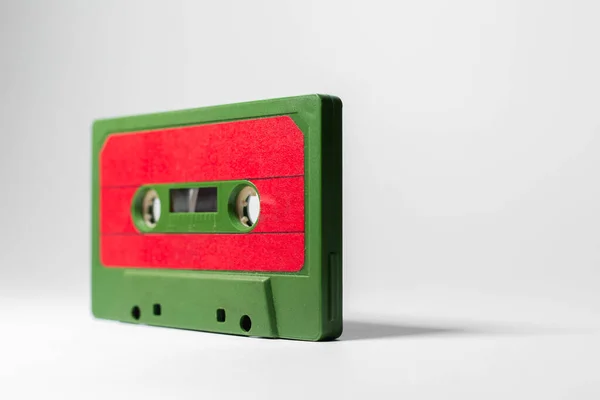 Close Green Red Vintage Music Cassette White Background — Stock Photo, Image