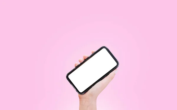 Närbild Handen Håller Smartphone Med Vit Mockup Isolerad Bakgrund Pastell — Stockfoto