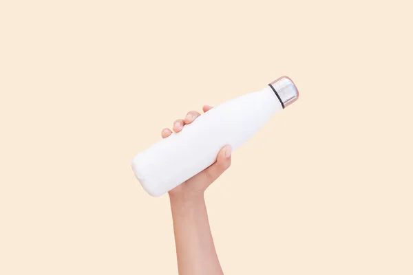 Close Hand Holding White Reusable Steel Thermo Water Bottle Isolated — Stock Photo, Image