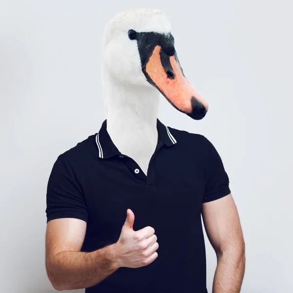 Contemporary Artwork Collage Concept Portrait White Swan Showing Thumbs Wearing — Stock Photo, Image