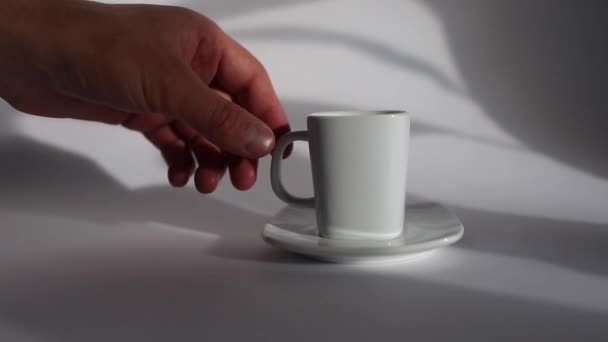 Close Male Hand Taking Coffee Cup Table Put Back White — Stok Video