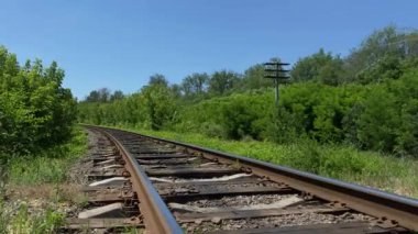 Yazın güneşli bir gününde ormandaki boş demiryolunun doğal manzarası..