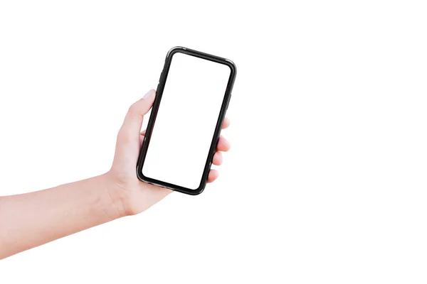 Smartphone Med Mockup Handen Människan Isolerad Vit Bakgrund — Stockfoto
