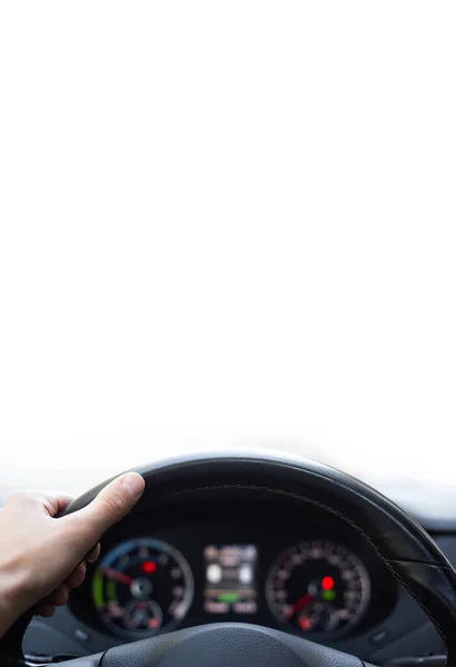 Vertical Photo Close Male Hand Steering Wheel White Background Copy — Stock Photo, Image