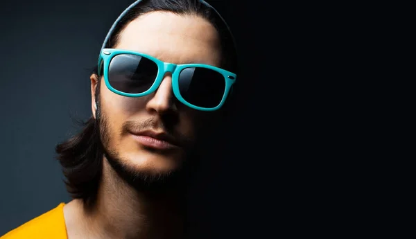 Close Portrait Young Guy Wearing Cyan Sunglasses Black Background Copy — Stock Photo, Image