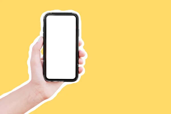 Gros Plan Smartphone Main Mâle Avec Maquette Isolé Avec Contour — Photo