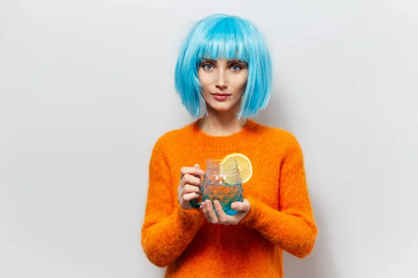 Studio Portrait Young Beautiful Girl Holding Glass Mug Juice Piece — Stock Photo, Image