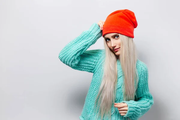 Portrait Young Pretty Girl Blonde Hair Blue Sweater Wearing Orange — Stock Photo, Image