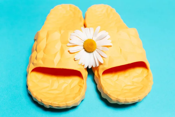 蓝色背景下黄色拖鞋和洋甘菊花的特写 — 图库照片