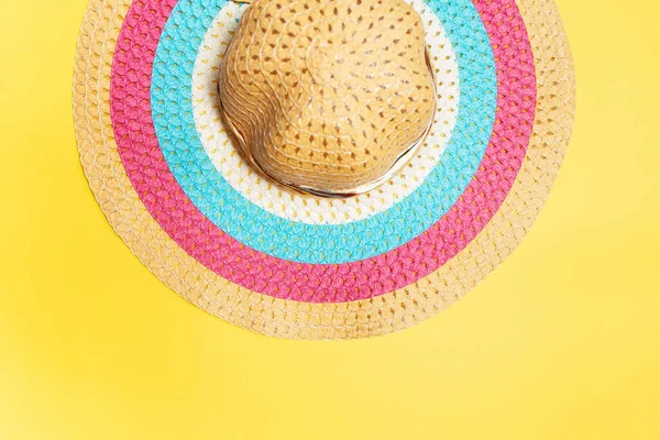 Top View Colorful Women Summer Hat Yellow Background — Stok fotoğraf