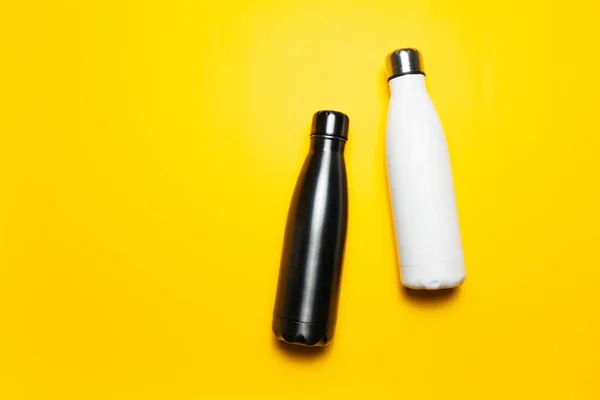 Top View Two Reusable Steel Thermo Water Bottles Black White — Photo