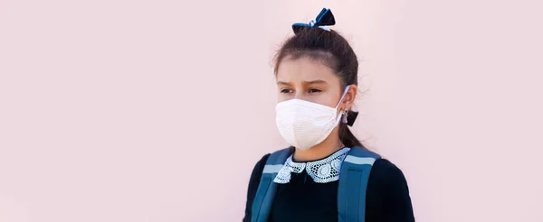 Panoramic Banner School Girl Wearing Medical Mask Pink Background — Stock Photo, Image