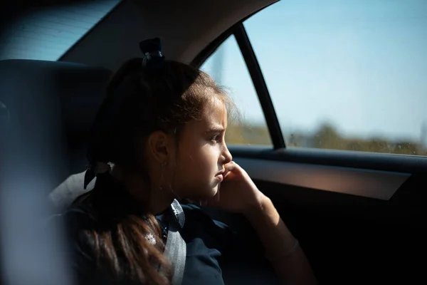 Portrait Child Girl Sitting Car Looking Window — Stock Photo, Image