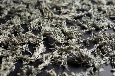 Siyah masanın üzerinde kuru çalı çırpı yakın plan. Doğal soyut arkaplan.