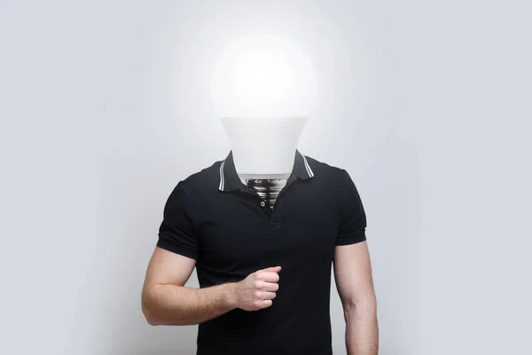 Young Man Light Bulb Instead Head Grey Background Artwork Collage — Stock Photo, Image