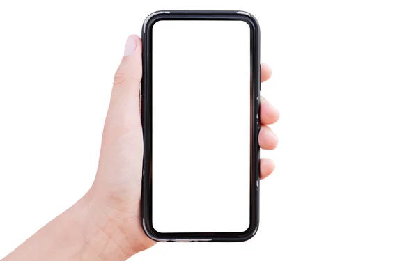 Närbild Manlig Hand Håller Smartphone Med Mockup Isolerad Vit — Stockfoto