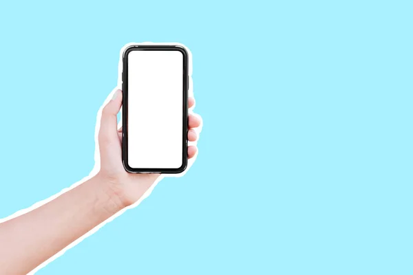 Man Hand Håller Smartphone Med Mockup Isolerad Med Vit Kontur — Stockfoto