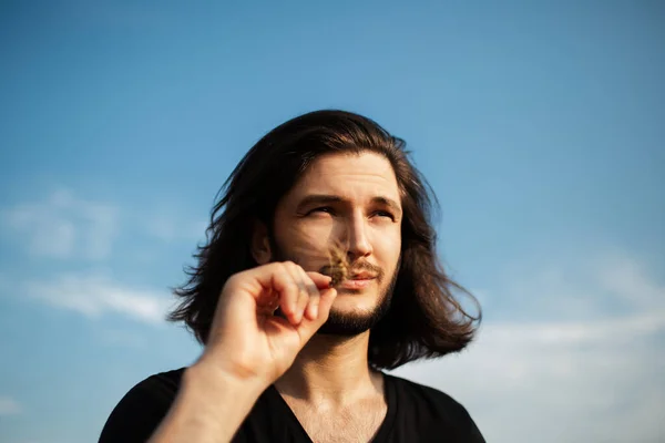Zbliżenie Portret Młodego Mężczyzny Długimi Włosami Trzymającego Kolce Pszenicy Ustach — Zdjęcie stockowe