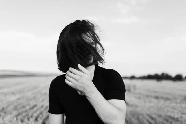 Black White Portrait Young Man Long Hair Face — Stock Photo, Image