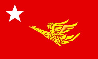 Mon National Party flag featuring red background, a white star at the hoist, and a golden hintha (mythical bird) symbol. Represents Mon people's struggle for autonomy and cultural pride.